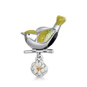 Sterling Silver with Enamel Bird on a Branch with Daisy Flower Dangle Charm